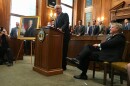 Former Gov. Jay Nixon stands next to his official portrait last week in Jefferson City. (January 2018)