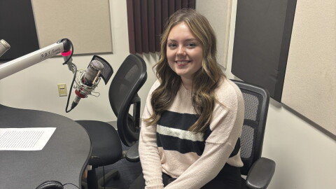 Aleigha Marburger at the mic in NPR Illinois Studio F