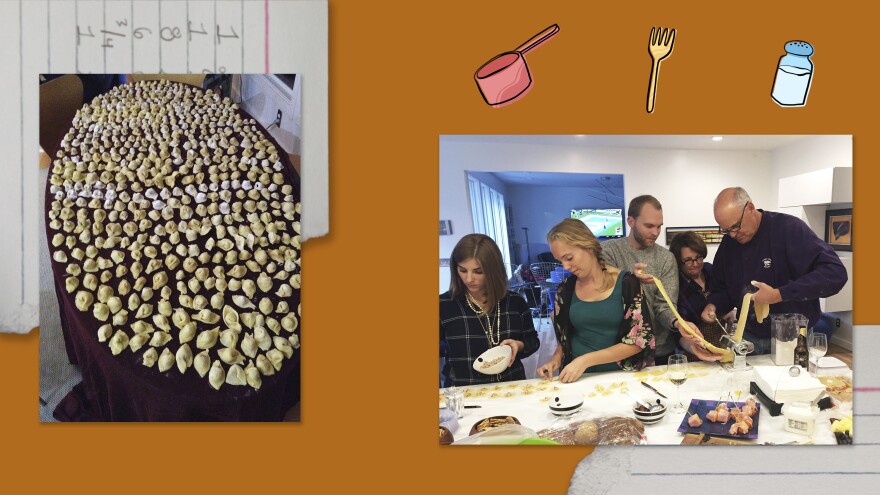 Left: Assembled cappelletti on a table. Right: James Hamilton's niece Julia Griffin (from left), his daughter Anna Hamilton, his son Robert Hamilton, his sister Susan Hamilton Griffin and his brother-in-law, Jim Griffin.