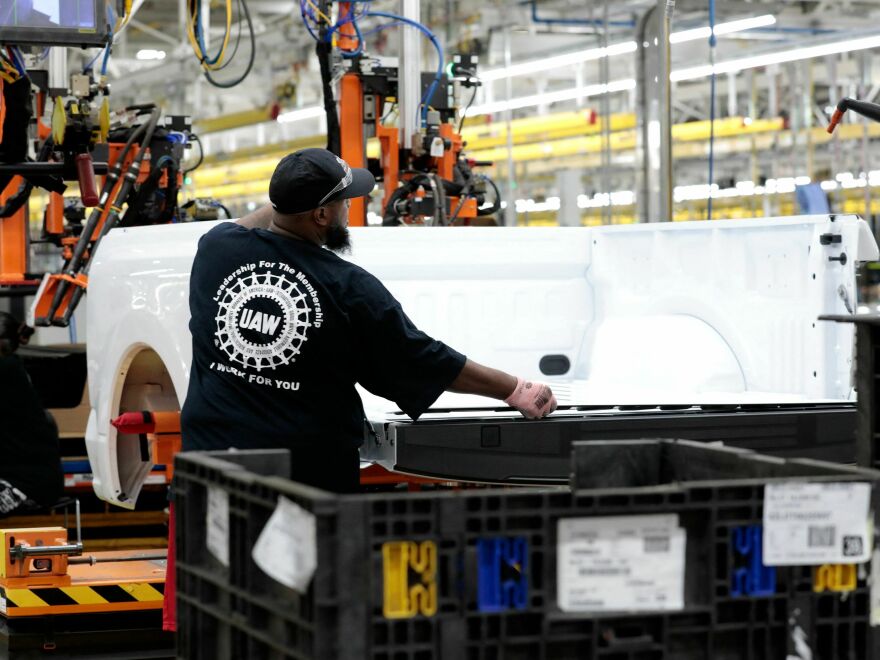 An employee works at Ford's Rouge Electric Vehicle Center in Dearborn, Mich., on Sept. 20, 2022. Companies that supply parts to Ford, GM and Stellantis could also feel the effects of the UAW strike, though perhaps not right away.