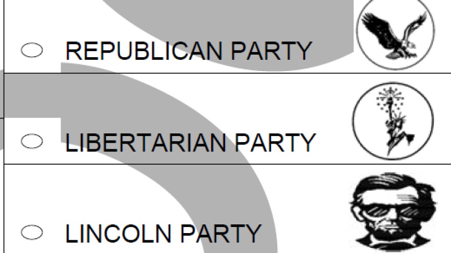 Image from a sample ballot displaying the straight-party voting emblems for Indiana’s 2026 general election.