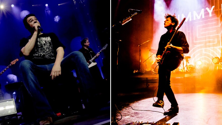 Side-by-side photos of a man sitting on stage while singing into a microphone and a man playing guitar on stage with a brightly lit backdrop.