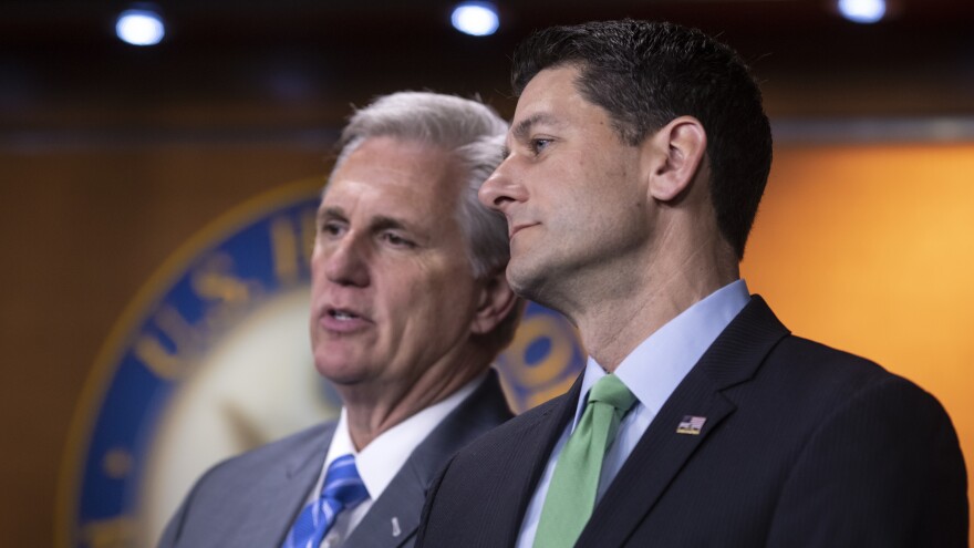 House Majority Leader Kevin McCarthy, R-Calif., and Speaker of the House Paul Ryan, R-Wis., confer during a news conference following a closed-door GOP meeting on immigration last week.