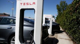 A Tesla Model S sedan is seen plugged into a new Tesla Supercharger outside of the Tesla Factory on Aug. 16, 2013 in Fremont, Calif. (Justin Sullivan/Getty Images)