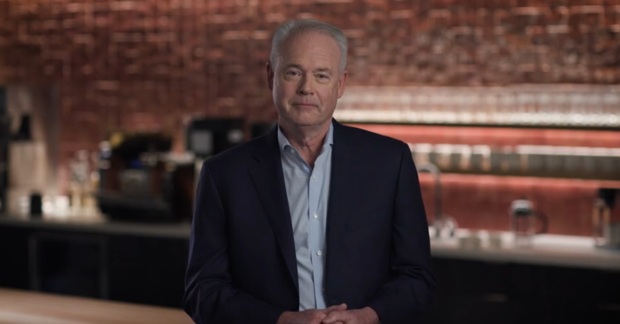 Starbucks CEO Kevin Johnson announces his retirement in a video message posted to the company's website March 16, 2022.