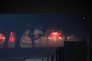 A fire and emergency vehicle lights are seen through smoke and tree silhouettes in the dark. 