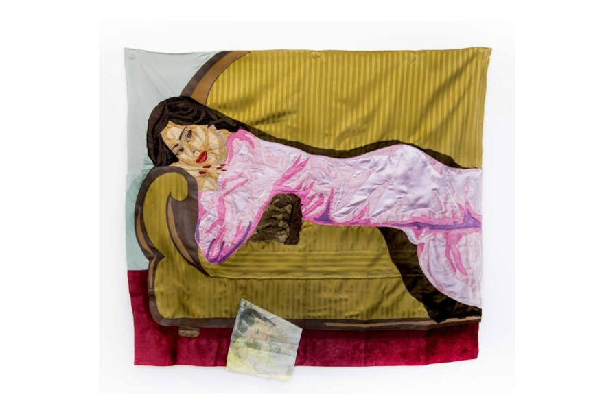 Hangama Amiri, Reclining Woman on a Sofa, 2022, Muslin, cotton, polyester, chiffon, silk, gauze cotton, inkjet silk print, paper, velvet, denim, suede, faux leather, and found fabric, 55 x 59½ inches. Courtesy of the artist and COOPER COLE, Toronto.