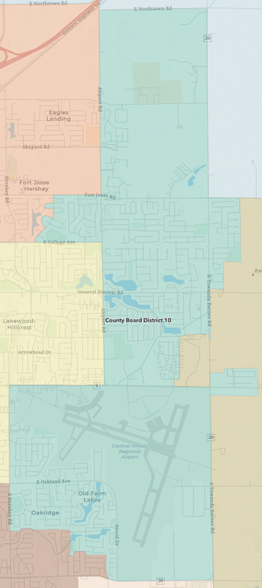 a screenshot of a map depicting McLean County's narrow tenth district 