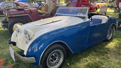 An old blue and white convertible sports car from the 1950s sits on grass with other old cars near it and in the distance to the left.