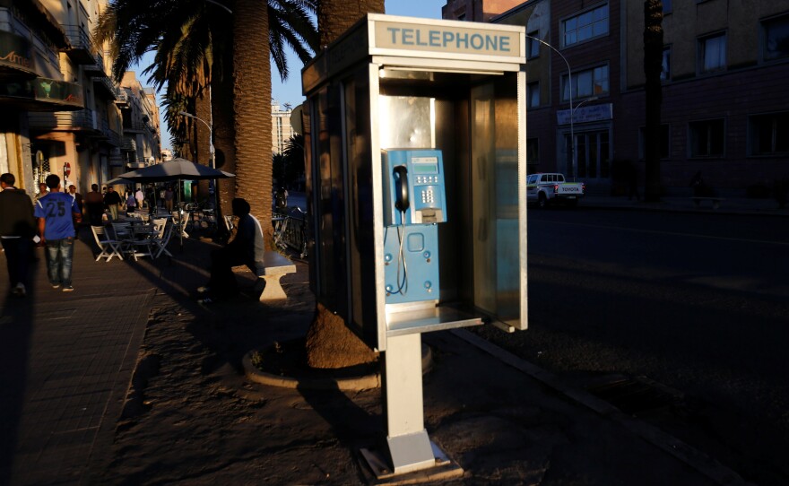 A public telephone booth in Asmara, Eritrea. Ethiopians and Eritreans called each other as phone lines that had been dormant for decades came to life.