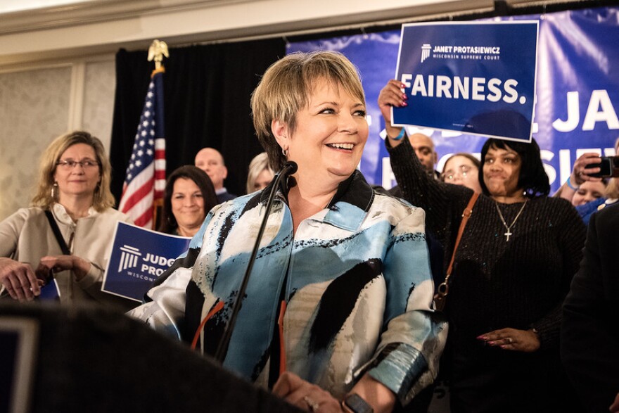 Judge Janet Protasiewicz, candidate for the Wisconsin Supreme Court, speaks to attendees at her election night event Tuesday, April 4, 2023, at Saint Kate - The Arts Hotel in Milwaukee, Wis. Angela Major/WPR