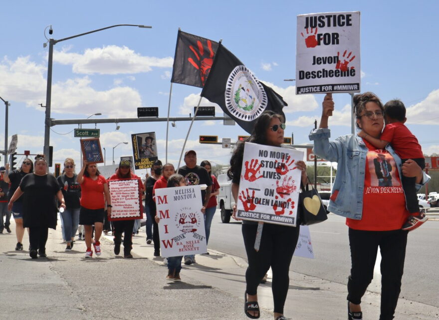 Indigenous families with loved ones who have gone missing or been murdered march in Farmington, New Mexico on May 5, 2023.