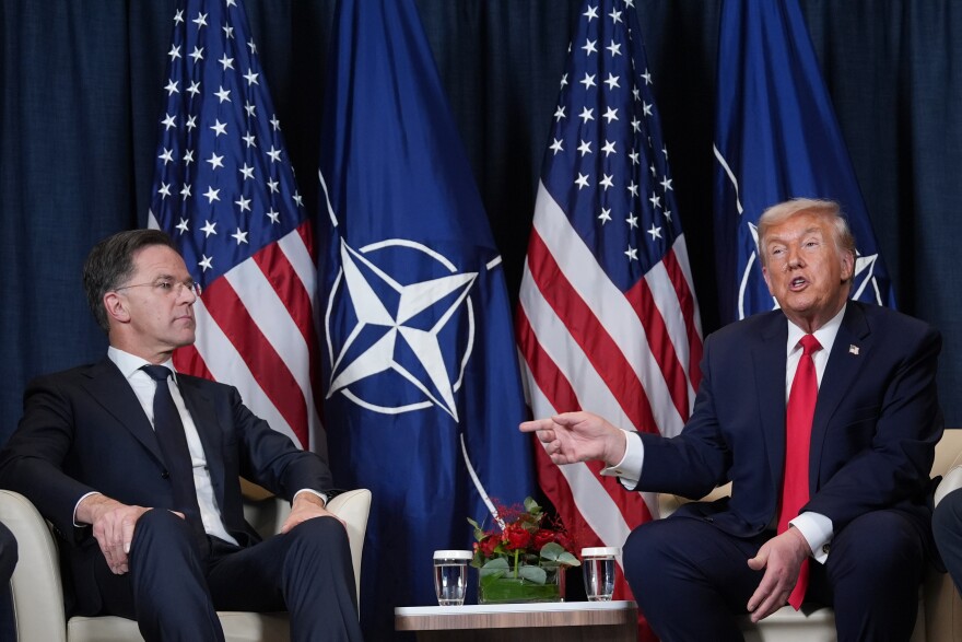 FILE - President Donald Trump, right, meets with NATO Secretary General Mark Rutte on the sidelines of the Annual Meeting of the World Economic Forum in Davos, Switzerland, Jan. 21, 2026.