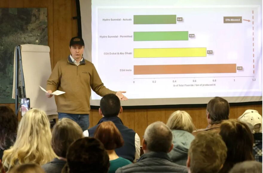 Local residents gather for a community meeting in Inola on Mar. 7, 2026 to discuss the aluminum smelter planned for their community. Thomas Harrington explains to the crowd gathered the air pollution levels, chemical make up and distance that can be expected from the plant.