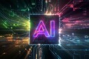 Artificial Intelligence processor unit. Powerful Quantum AI component on PCB motherboard with data transfers.
