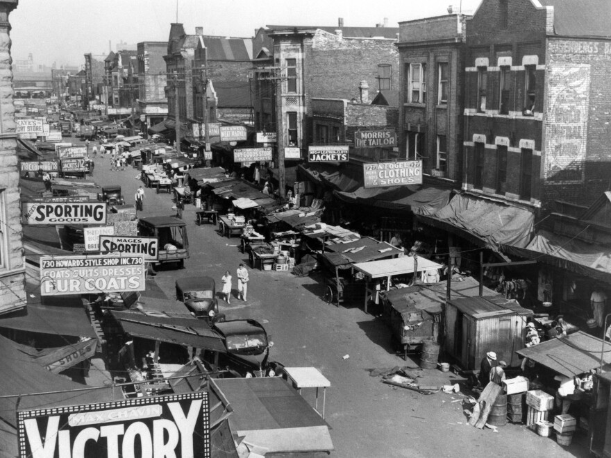 Maxwell Street, a teeming marketplace of Chicago's ghetto, on July 22, 1939.