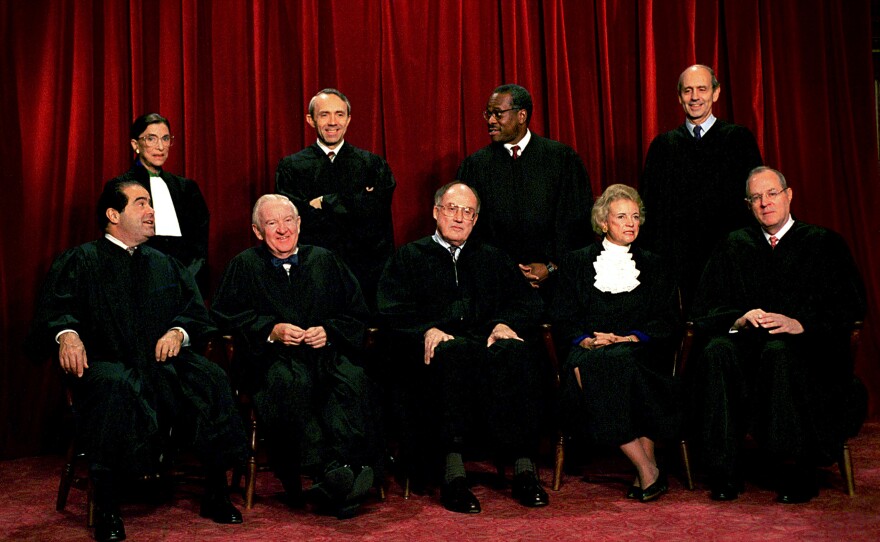 Justices of the U.S. Supreme Court pose for a group portrait in 1994 (from left, front): Associate Justices Antonin Scalia and John Paul Stevens, Chief Justice William Rehnquist, Associate Justices Sandra Day O'Connor and Anthony Kennedy; (from left, back) Associate Justices Ruth Bader Ginsburg, David Souter, Clarence Thomas and Stephen Breyer.