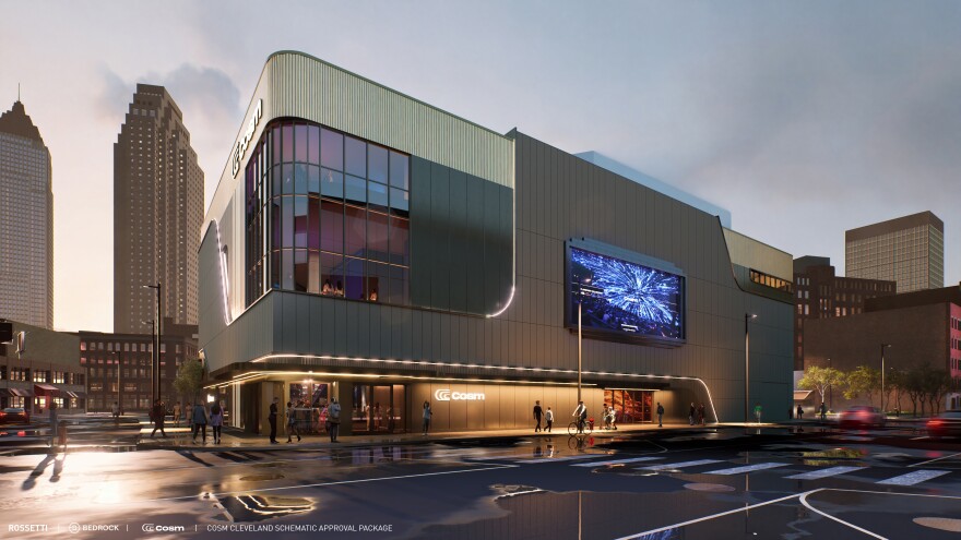 Rendering of the front exterior of Cleveland Cosm, which sits on a corner on Huron Road in Downtown Cleveland.