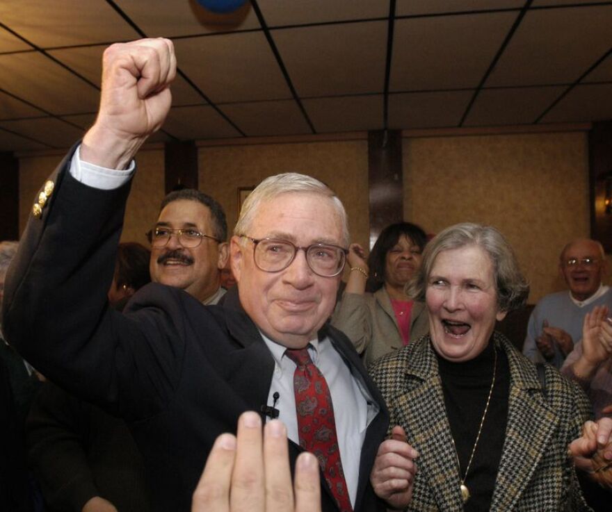 Charles Ryan, left, and his wife Joan celebrate his victory in the Springfield, Massachusetts, mayoral race at the John Boyle O'Reilly Club on Nov. 4, 2003.