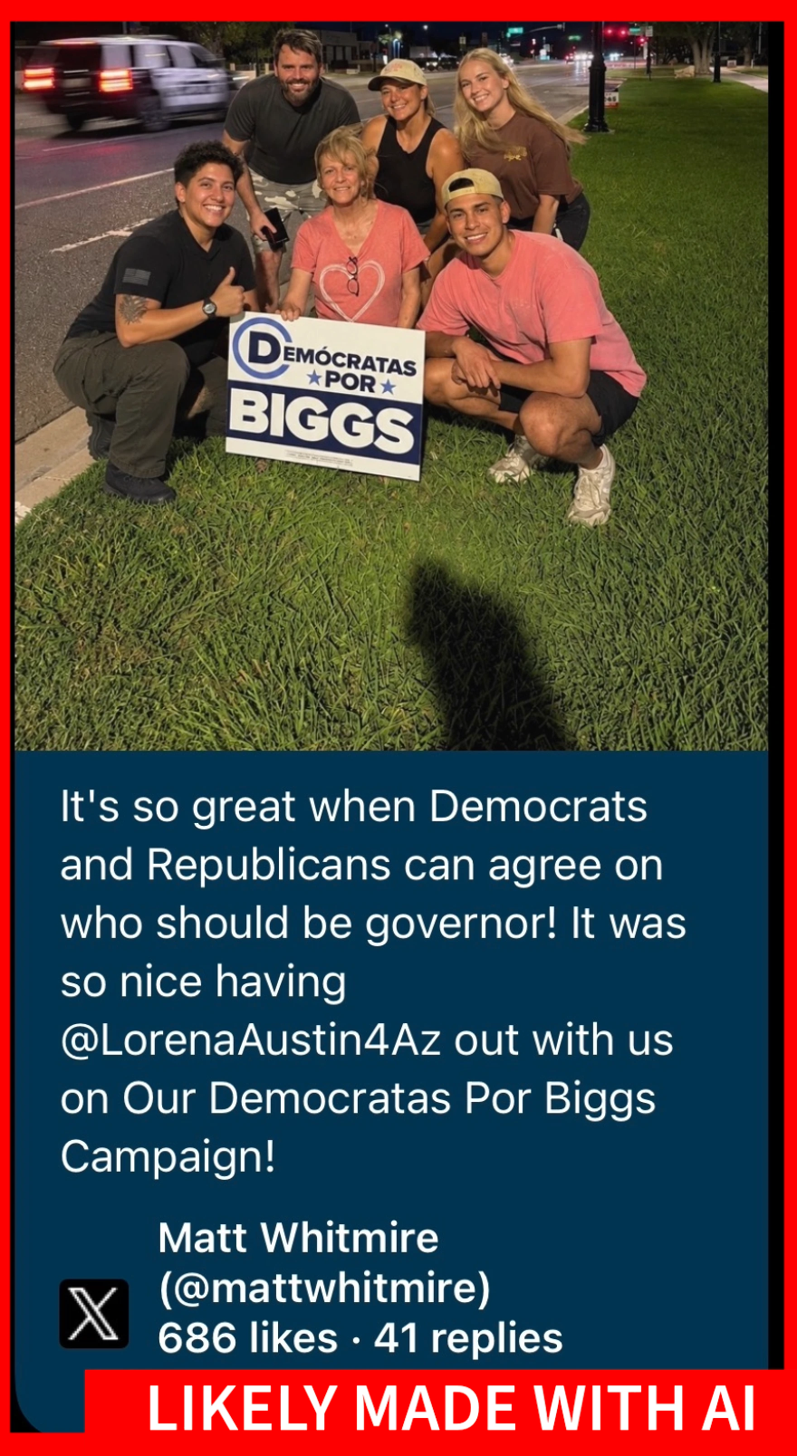 This likely AI generated photo claiming to show Arizona state lawmaker Lorena Austin was included in a now-deleted post on X by Matt Whitmire. Austin denied she was there.