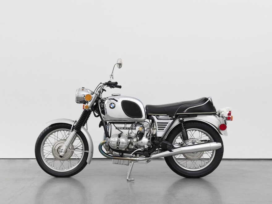 Tiona Nekkia McClodden, The Lover, off the road (after Barbara), 1972-2021. Black paint and metal chrome on BMWR75/5 motorcycle.