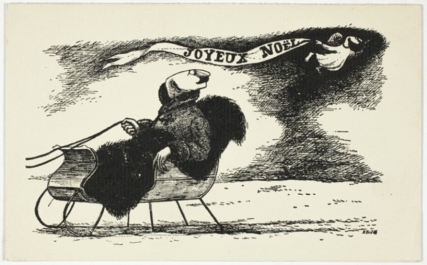 Illustration of a man in a sled looking back at an angel carrying a banner reading "Joyeux Noel"
