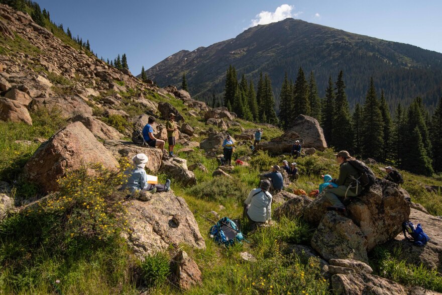 Alex Wells, former Colorado Pika Project co-director and Denver Zoo community conservation coordinator, teaches a group of volunteers how to measure habitat quality for pikas up Independence Pass on July 17, 2021. The project is a collaboration between the Denver Zoo and Rocky Mountain Wild.