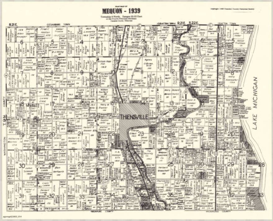 This 1939 map of Mequon clearly delineates the separate village of Thiensville. Thiensville incorporated 47 years before Mequon, in 1910.