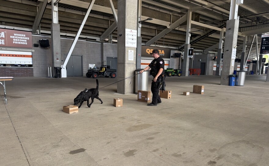 OSU Public Safety Police Officer Zack Leingang shows off how Tex detects a threat out of a line up of boxes, July 28, 2026.