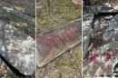 Three vertical images of damaged concrete burial vaults and headstones are edited together into a single, horizontal feature photo. The photo in the middle shows a gravestone that reads, "Trump," in red paint. 