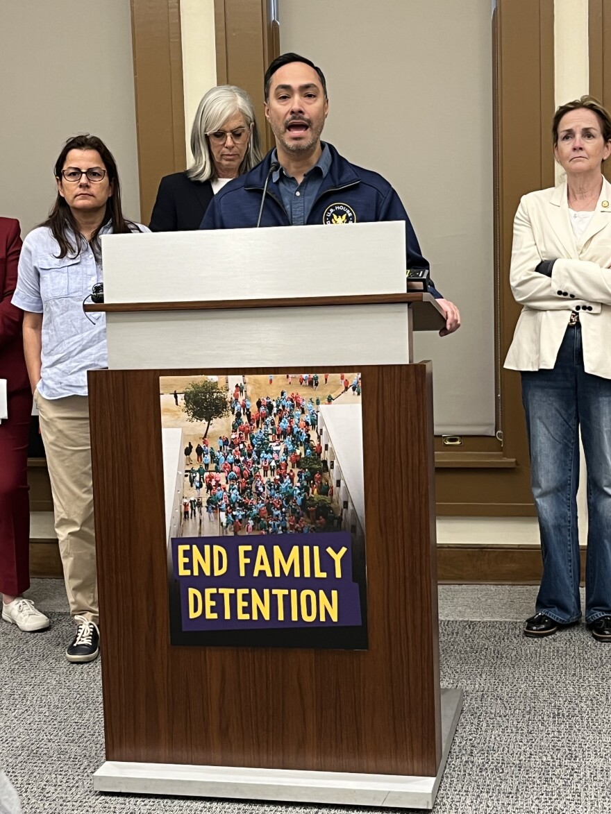 Rep. Joaquin Castro was joined by Rep. Natalie Barragan and Rep. Madeline Dean at a press conference at San Antonio City Hall on Monday, March 9, 2026.