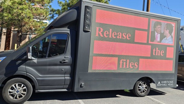 The caravn was led the nearly 50 miles from Downtown Albuquerque to Zorro Ramnch in southern Santa Fe county by an advertising van that displayed messages like "Secrets keep rapists safe," "Justice for survivors," and "Predators stock together" with an image of President Donald Trump with his arm on Epstein's shoulder.