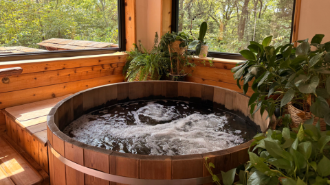 Jalu is a Tibetan-inspired bathhouse near Lawrence, Kansas, with a cedar tub, sauna and cold plunge.