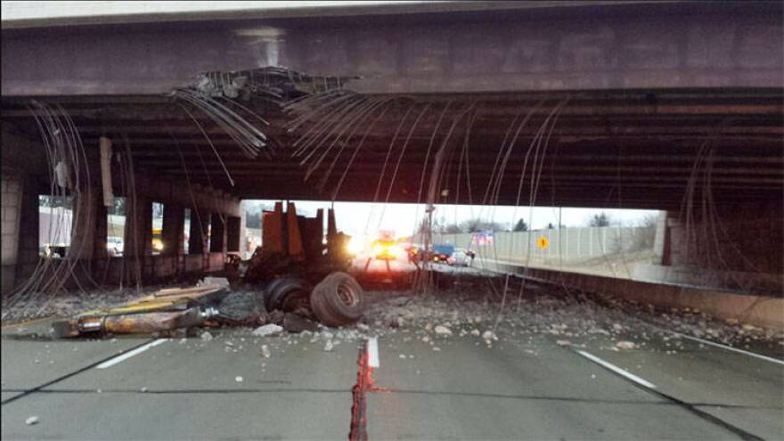 A large truck struck the U.S. 36 bridge over I-465 on the west side Tuesday morning.