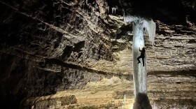 Vaughn Rodriguez, climbing ice in Munising, where he guides currently. (Photo courtesy of Vaughn Rodriguez)
