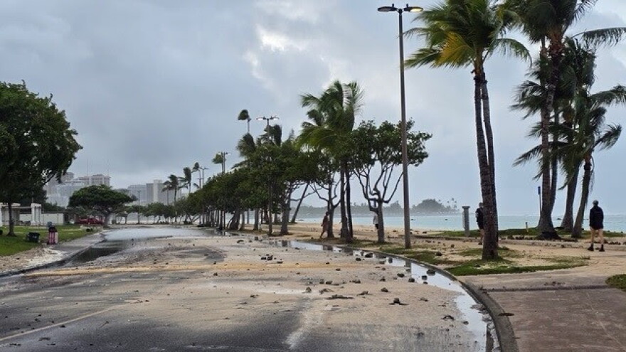 Ala Moana Regional Park seen Tuesday morning covered in sand and debris following Hurricane Lowell.
