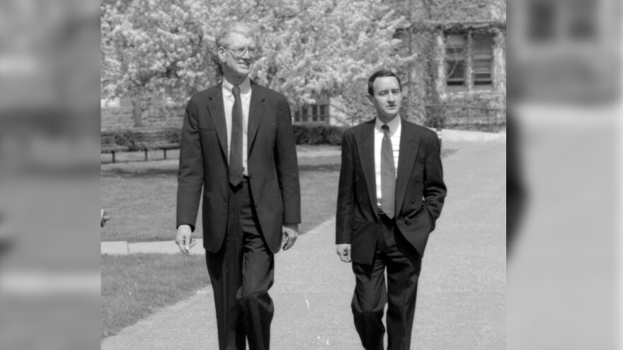 Bill Danforth takes the future chancellor of Washington University, Mark Wrighton, for a tour of the university in 1996.