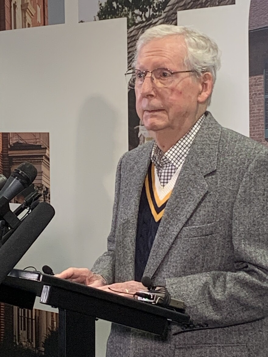 Sen. Mitch McConnell, R-KY, spoke to reporters on Mar. 18, 2025 following a meeting with the Knox Regional Development Authority in Elizabethtown.