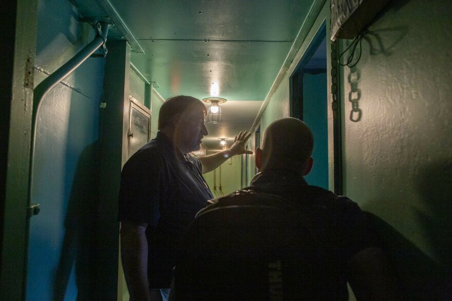 A tight hallway leads to the passenger rooms. Also on the ship: a swimming pool, a hospital bay equipped to perform surgery, and a barber shop. Koehler says the Savannah was fully booked throughout its history.