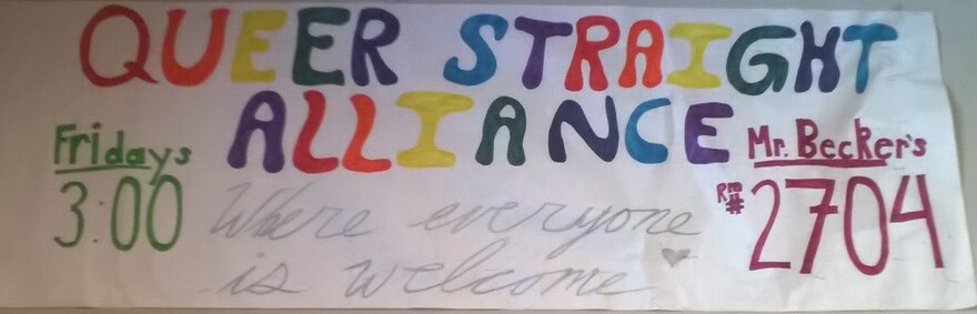 A banner advertising the Queer-Straight Alliance at Interlake High School in Bellevue.