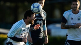 Argentina's Lionel Messi trains for his final game with the national team, an international friendly soccer match against Benin, in Buenos Aires, Argentina, Monday, Oct. 5, 2026. (AP Photo/Gustavo Garello)