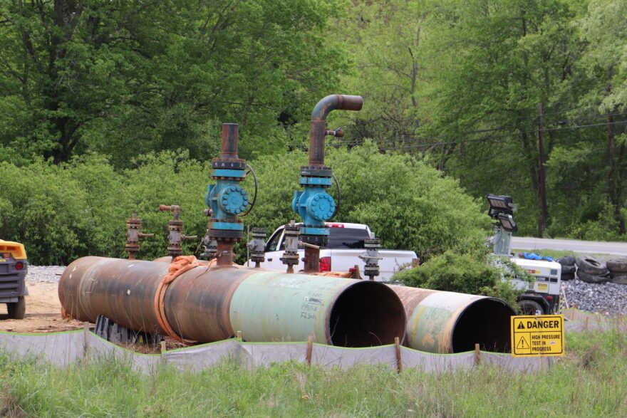 Sections of pipe lie above ground at Bent Mountain, Virginia, on Friday, May 10, 2024.