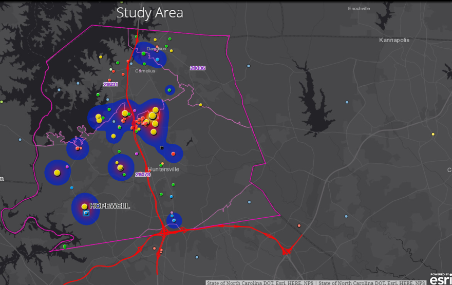 This heat map from a local investigation shows the density of point locations where ocular melanoma patients identified as places they spent the most time. The study focused on 15 patients diagnosed between 2002 and 2017.