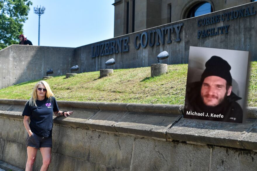 Pam Keefe, left, is seen outside the Luzerne County Correctional Facility in Wilkes-Barre, where her brother, Michael J. Keefe (inset), was incarcerated. Michael Keefe, a non-violent offender with a history of drug possession, trespassing, and retail theft, said his struggles to overcome opioid addiction have been made worse by being denied methadone while jailed. 'It’s broken, it’s a broken system,' his sister said. “There’s no excuse why methadone is not at the jail.'