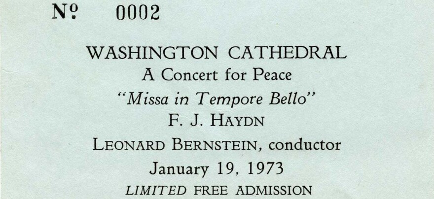 photo of ticket stub from 1973 Washington Cathedral concert, conducted by Leonard Bernstein