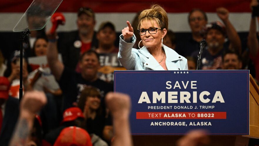 U.S. House candidate Sarah Palin speaks on stage during a Save America rally before former President Donald Trump in Anchorage, Alaska, on July 9.