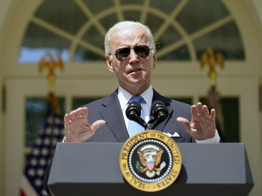 President Joe Biden speaks in the Rose Garden of the White House in Washington on Wednesday.