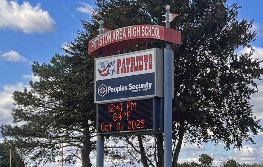 The entrance to the Pittston Area School District High School campus is seen Wednesday afternoon. District officials issued a statement saying they cannot comment on personnel matters in response to questions about this week's arrest of Superintendent Kevin Booth.