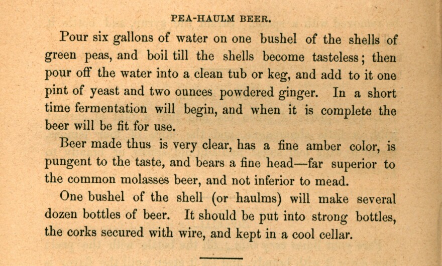 'Pea-Haulm Beer' recipe from Sarah Rutledge's 1851 cookbook 'The Carolina Housewife.'