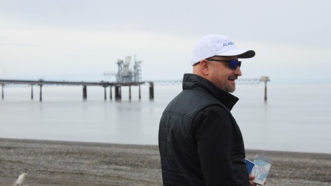 Glenfarne Group CEO Brendan Duval stands in front of the former Kenai LNG export terminal on Monday, May 18, 2026 in Nikiski, Alaska.